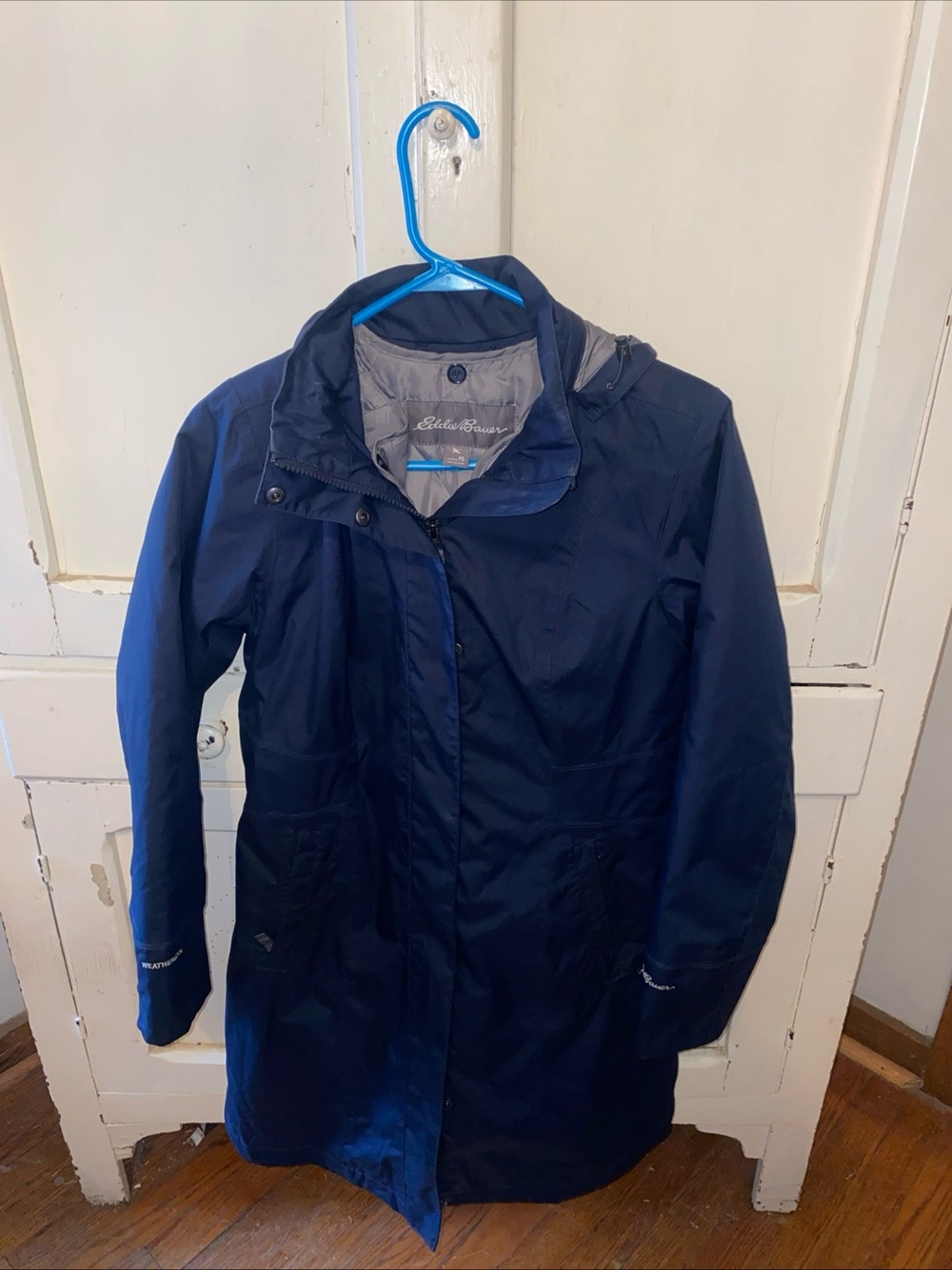 Eddie Bauer Navy Hooded Packable Trench Coat